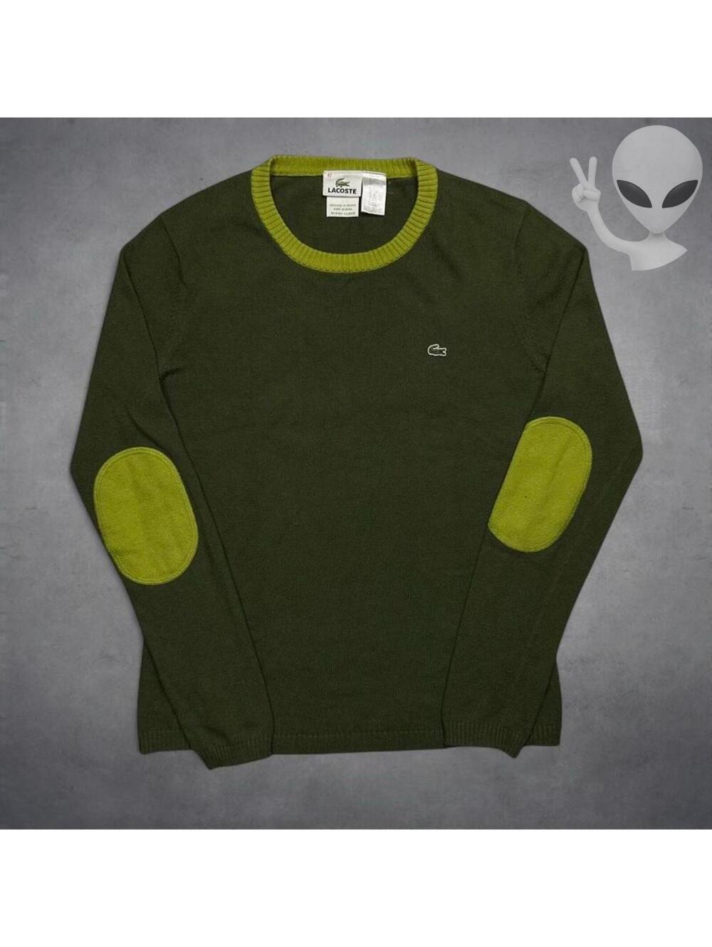 Lacoste Elbow Patch Crewneck Knit Sweater Womens S Olive Lime Green Wool Size 36